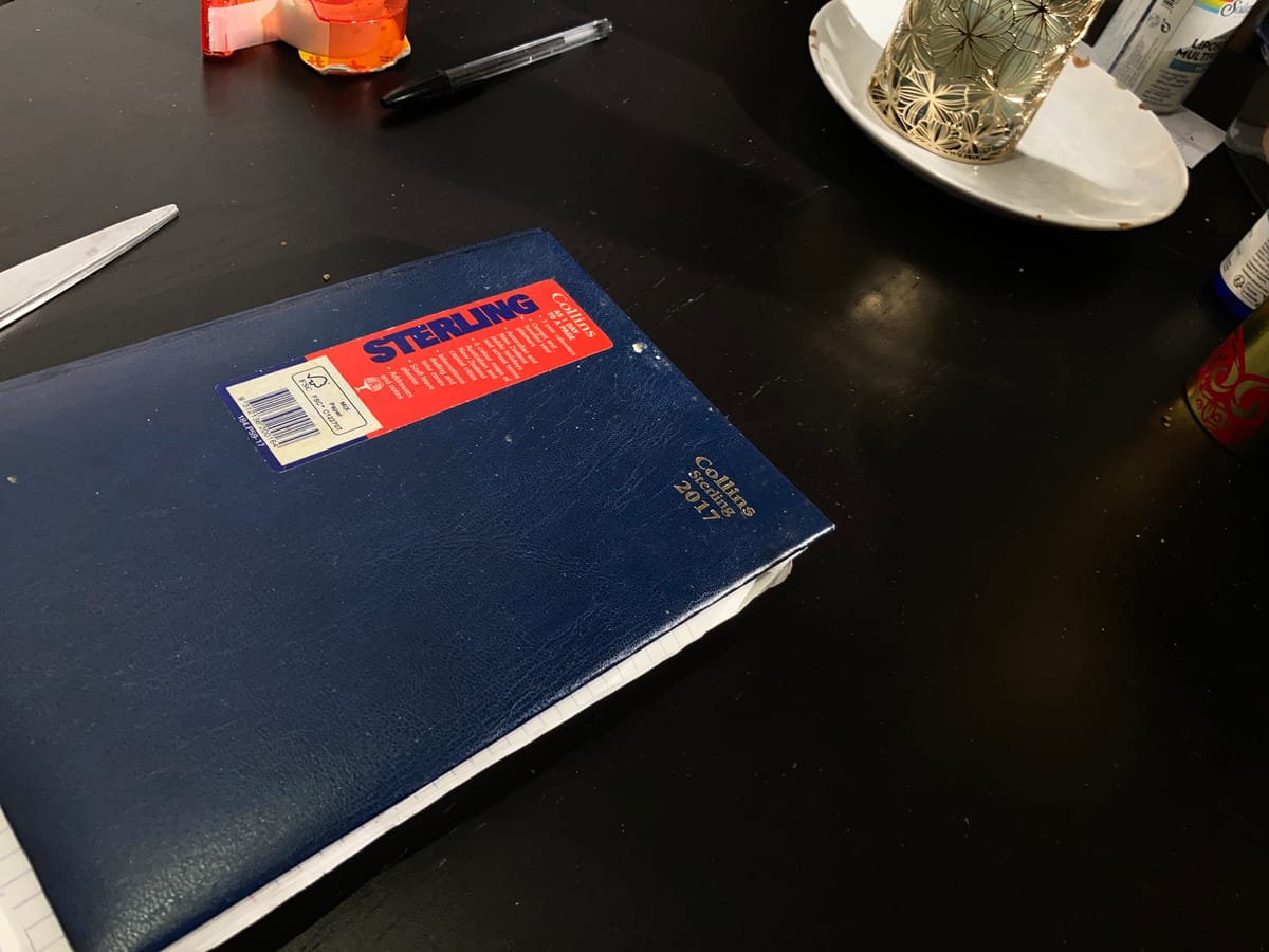 A photo of a diary (journal) from 2017 on a table. There is some stationary nearby. 